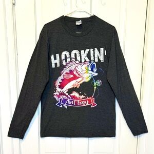 Long Sleeve "Hookin Ain't Easy" Graphic Print Fishing Tshirt Medium